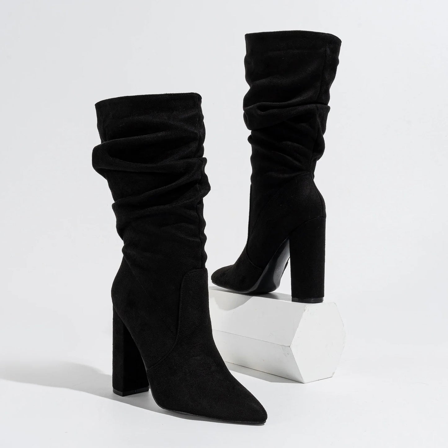 Goldenshore Women's High-Heel Suede Boots - Slouchy Knee-High Dress Booties, Handcrafted Comfort Heels