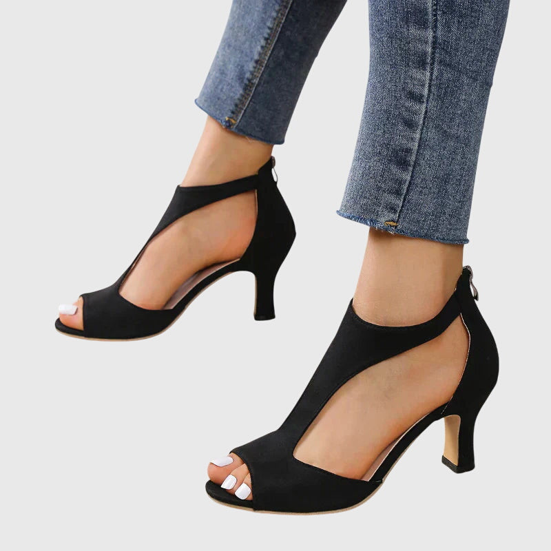 Goldenshore Women's Block Heel Pumps - Open Toe Strappy Dress Heels with Cutout Design