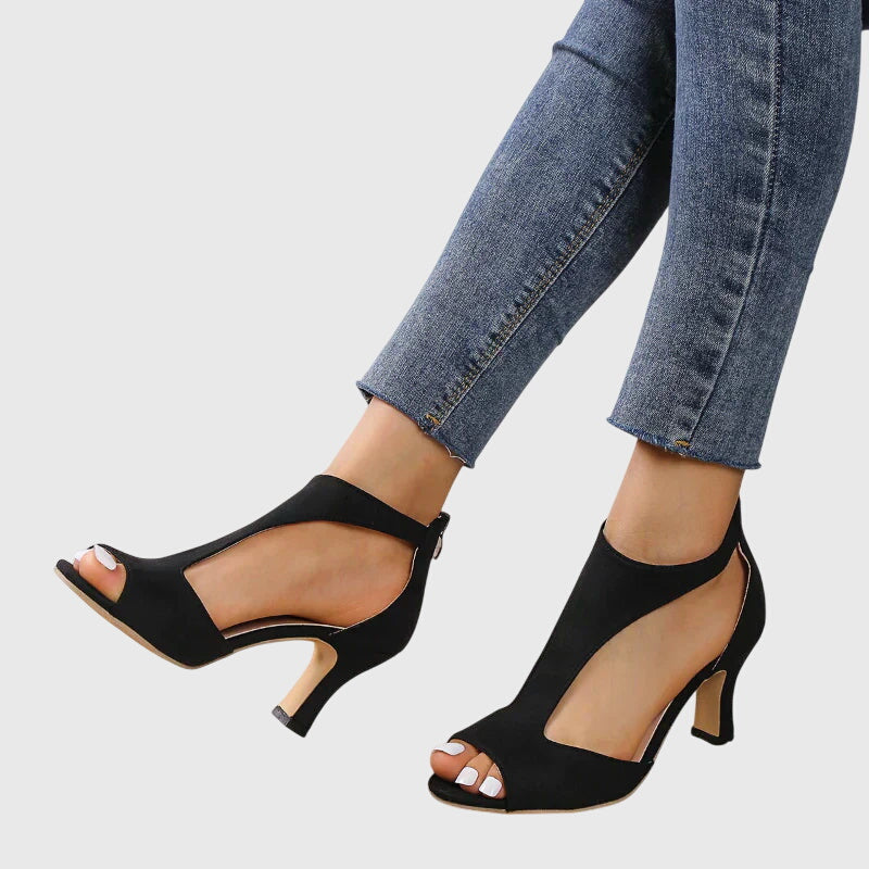 Goldenshore Women's Block Heel Pumps - Open Toe Strappy Dress Heels with Cutout Design