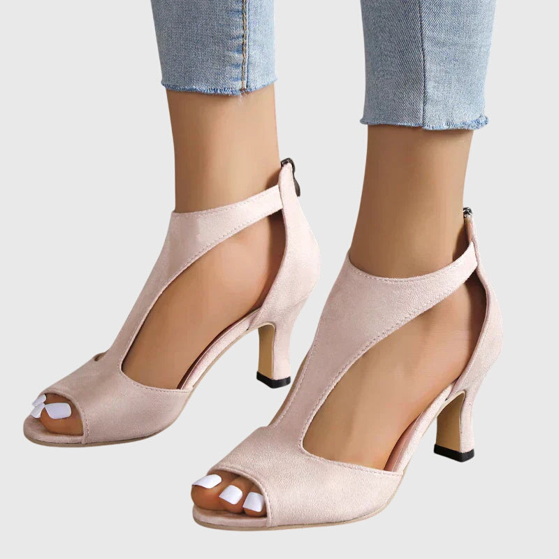 Goldenshore Women's Block Heel Pumps - Open Toe Strappy Dress Heels with Cutout Design