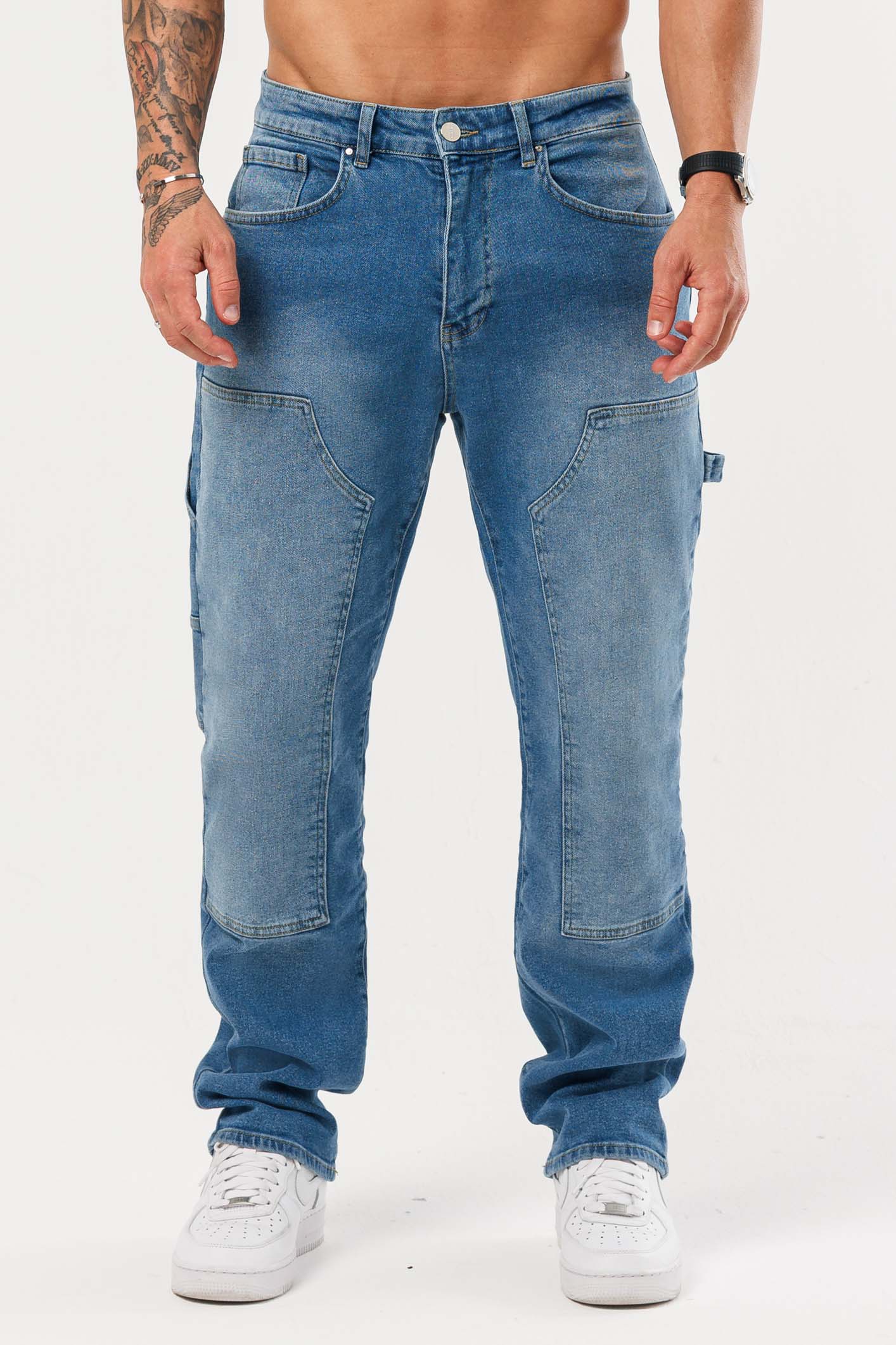 Golden Shore Men's Relaxed Fit Carpenter Jeans - Straight-Leg Denim Utility Pants, Mid Blue Denim