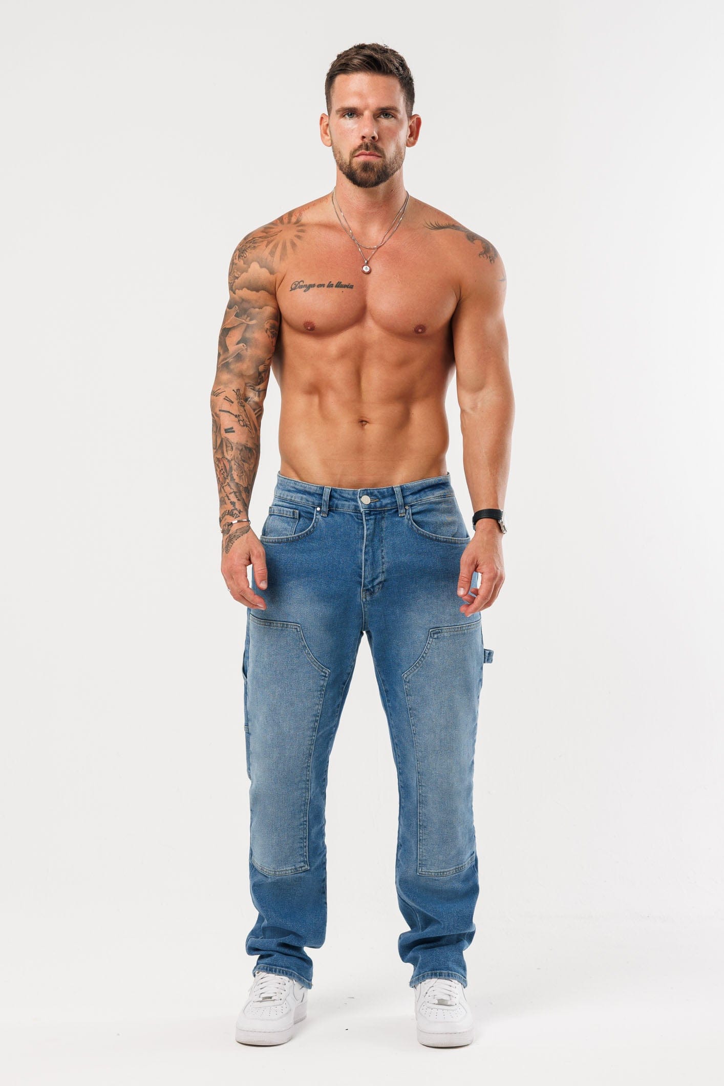Golden Shore Men's Relaxed Fit Carpenter Jeans - Straight-Leg Denim Utility Pants, Mid Blue Denim