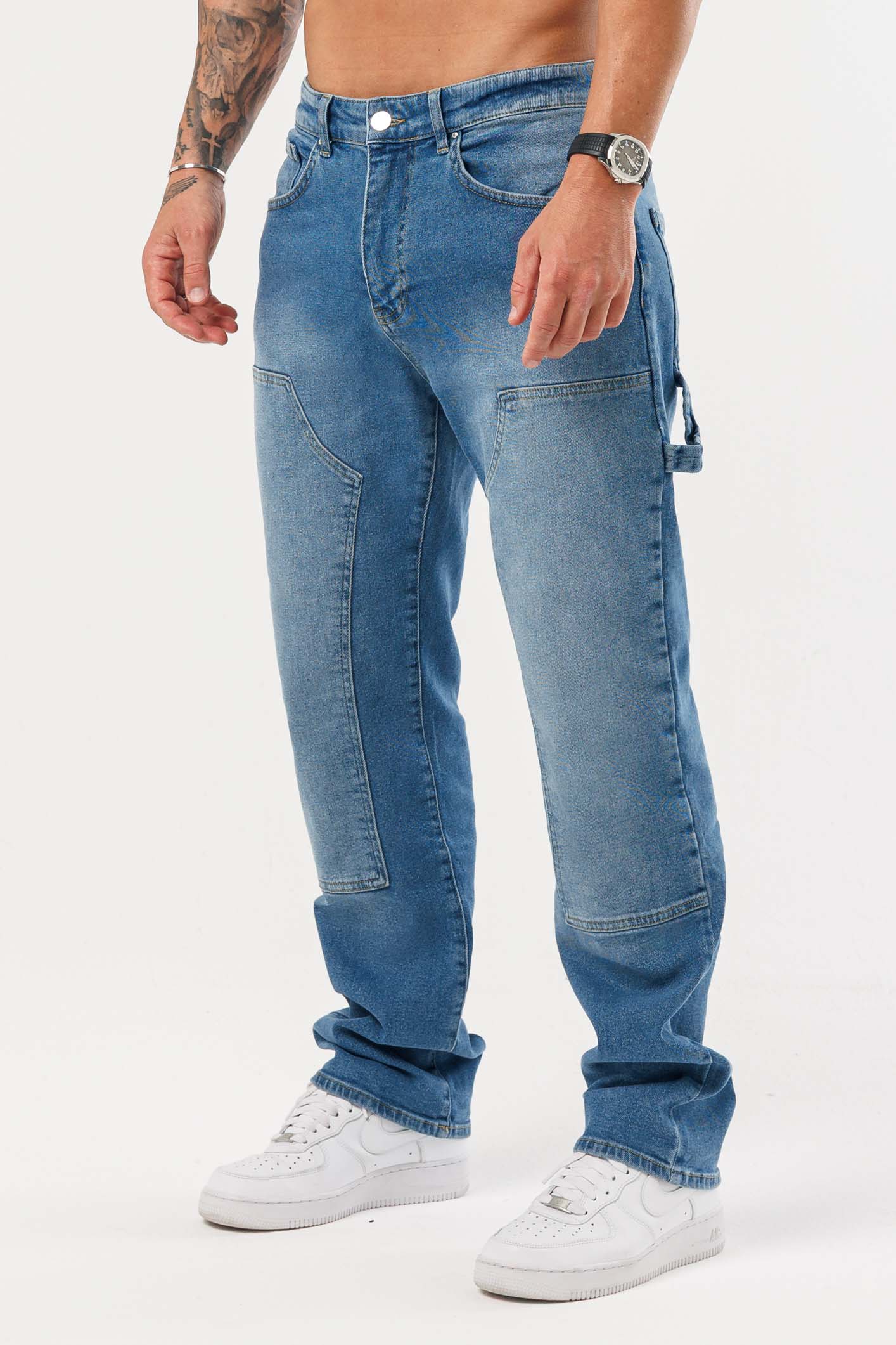 Golden Shore Men's Relaxed Fit Carpenter Jeans - Straight-Leg Denim Utility Pants, Mid Blue Denim