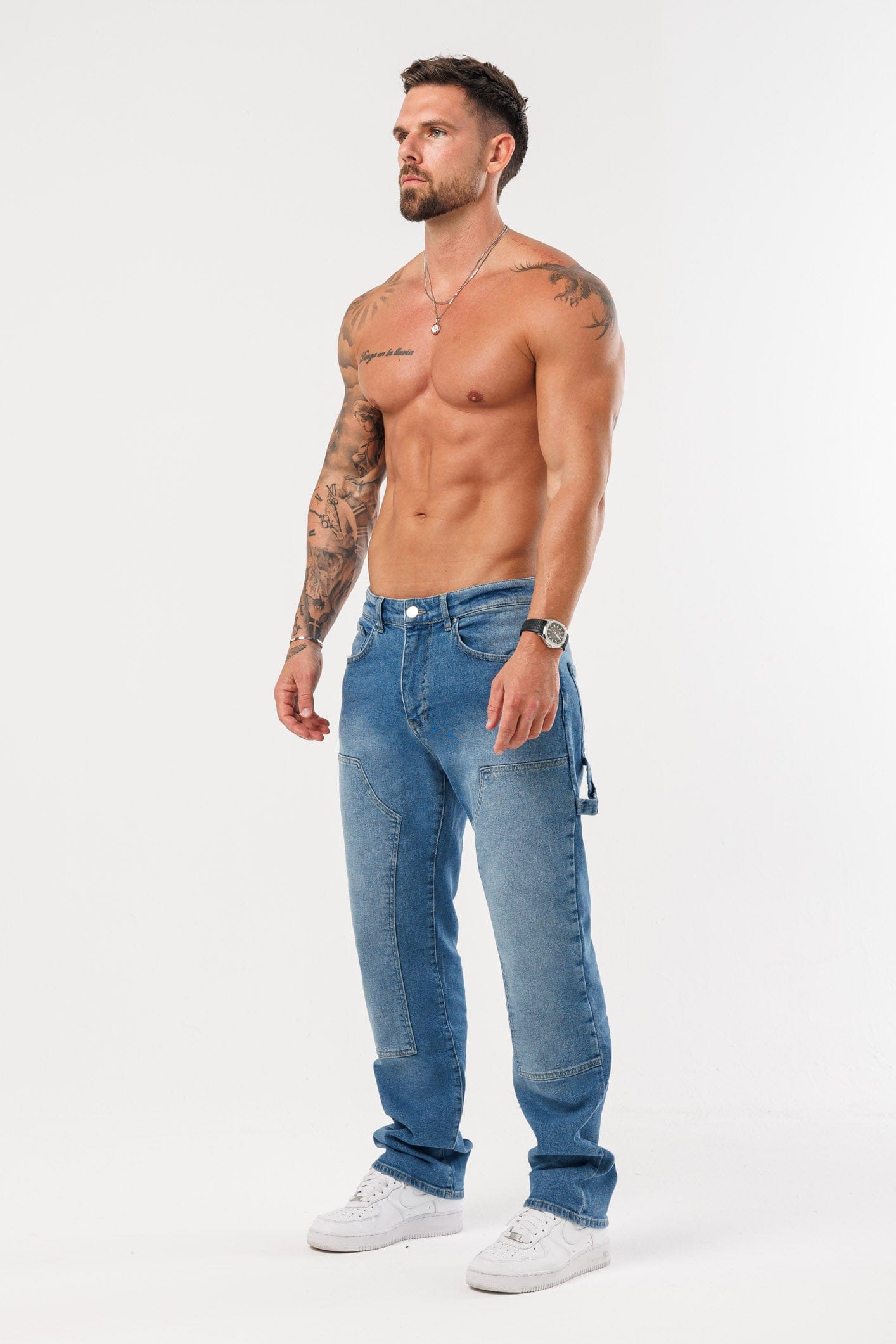 Golden Shore Men's Relaxed Fit Carpenter Jeans - Straight-Leg Denim Utility Pants, Mid Blue Denim