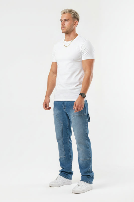 Men's Relaxed Fit Carpenter Jeans - Straight-Leg Denim Utility Pants, Mid Blue Denim