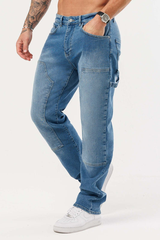 Golden Shore Men's Relaxed Fit Carpenter Jeans - Straight-Leg Denim Utility Pants, Mid Blue Denim
