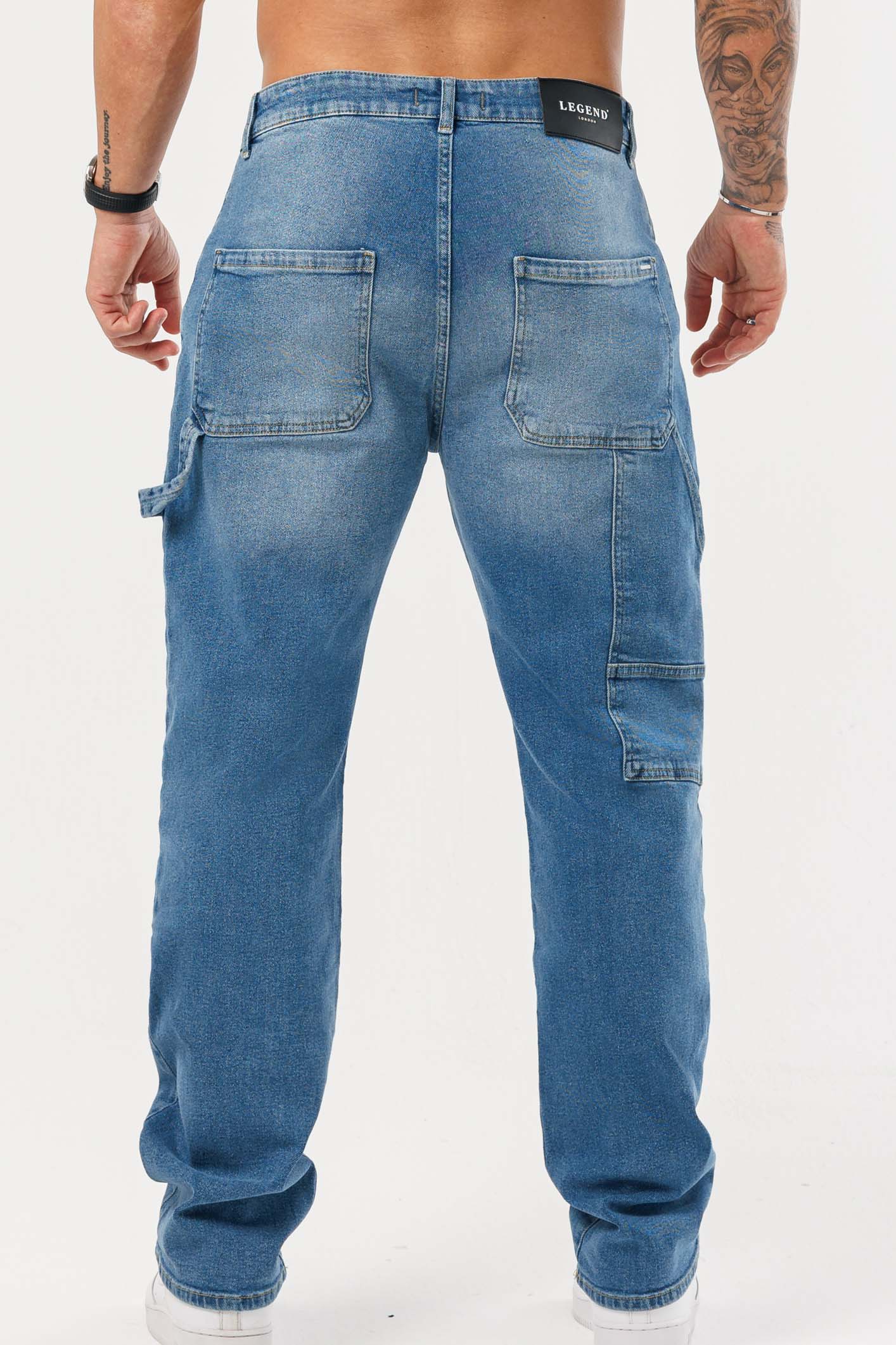 Golden Shore Men's Relaxed Fit Carpenter Jeans - Straight-Leg Denim Utility Pants, Mid Blue Denim