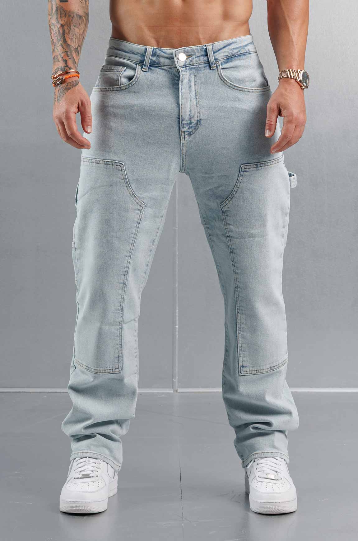 Golden Shore Men's Relaxed Fit Carpenter Jeans - Straight-Leg Denim Utility Pants, Bleach Wash