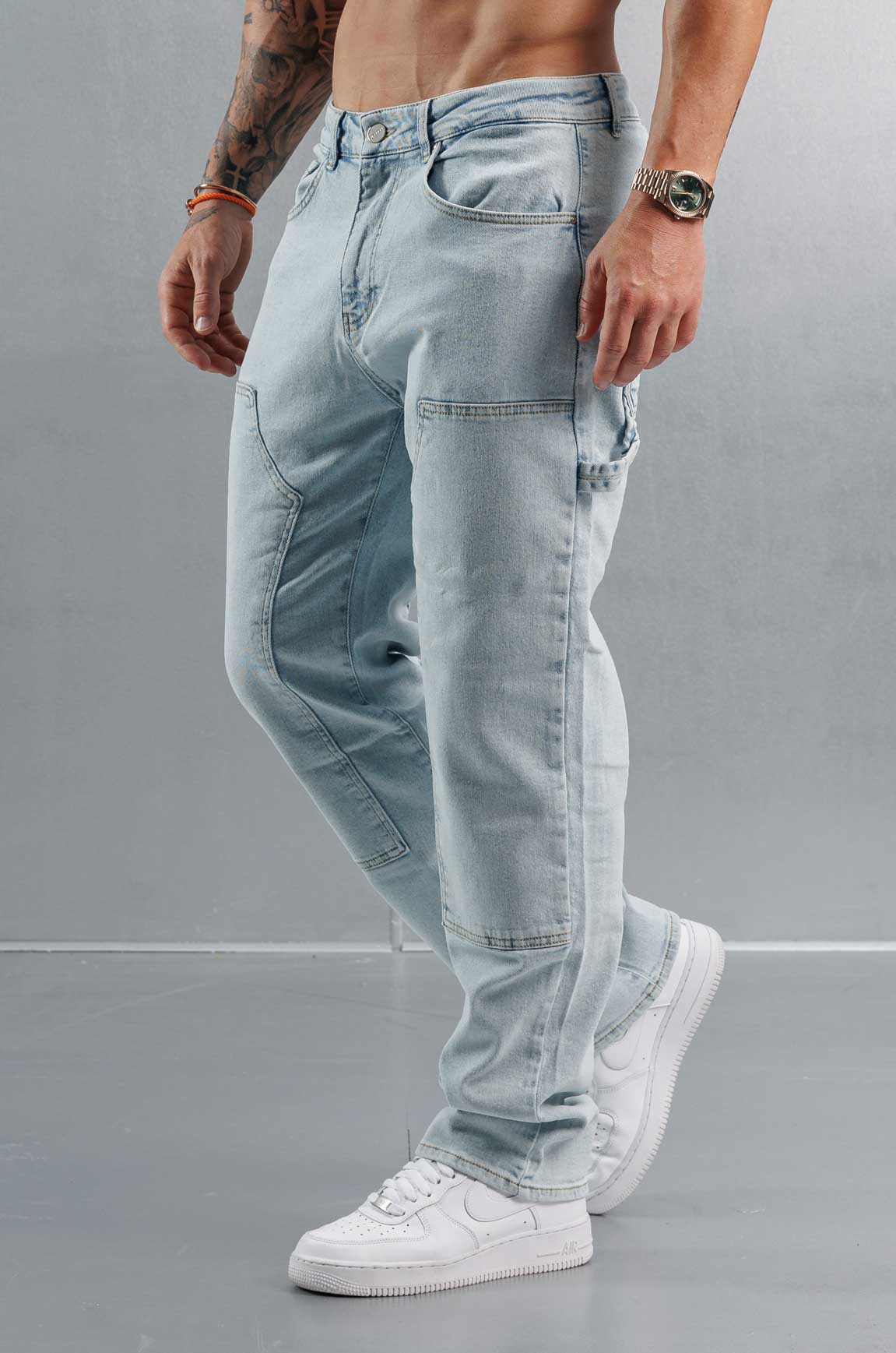Golden Shore Men's Relaxed Fit Carpenter Jeans - Straight-Leg Denim Utility Pants, Bleach Wash