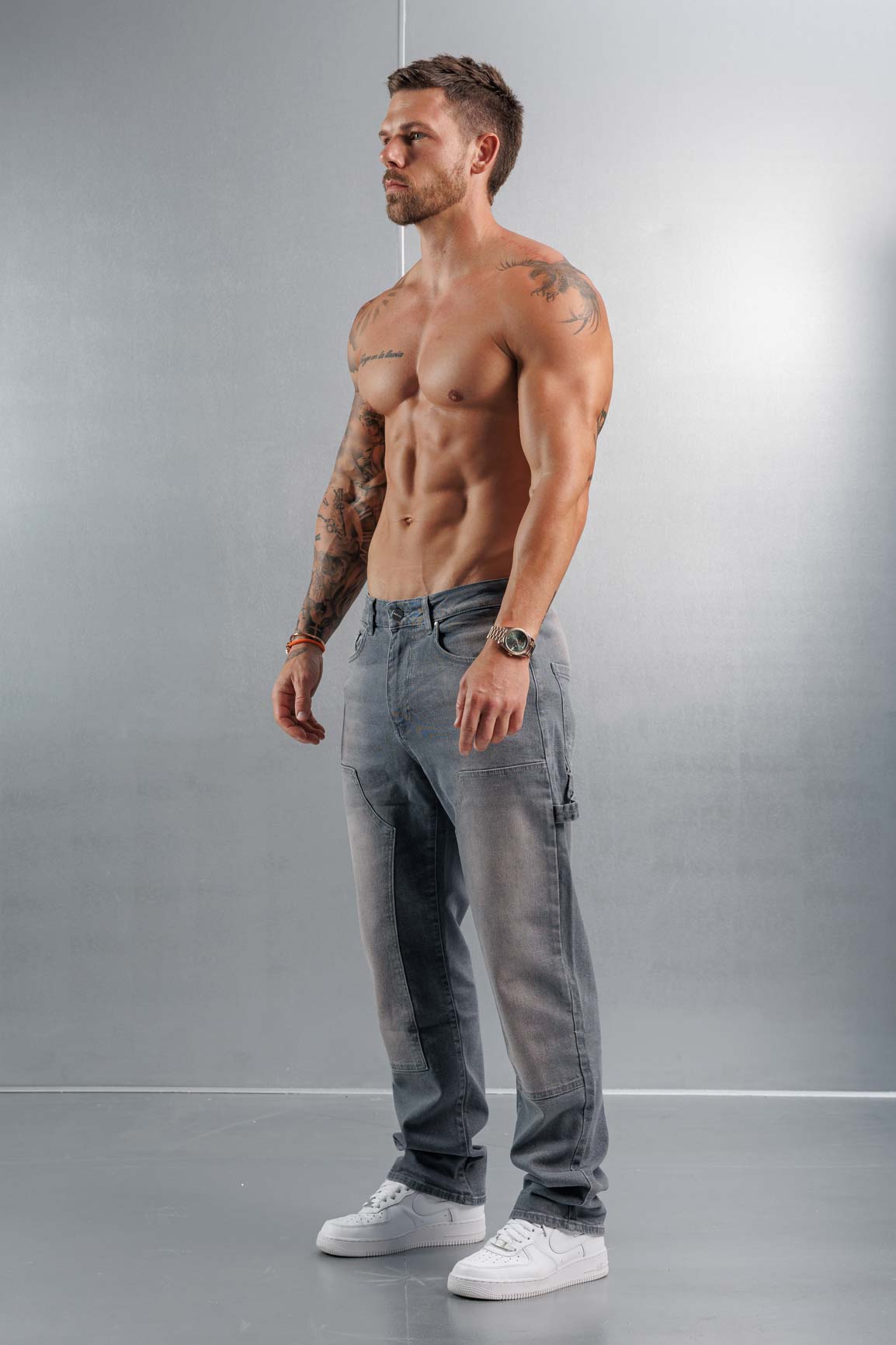 Golden Shore Men's Relaxed Fit Carpenter Jeans - Straight-Leg Denim Utility Pants, Classic Grey