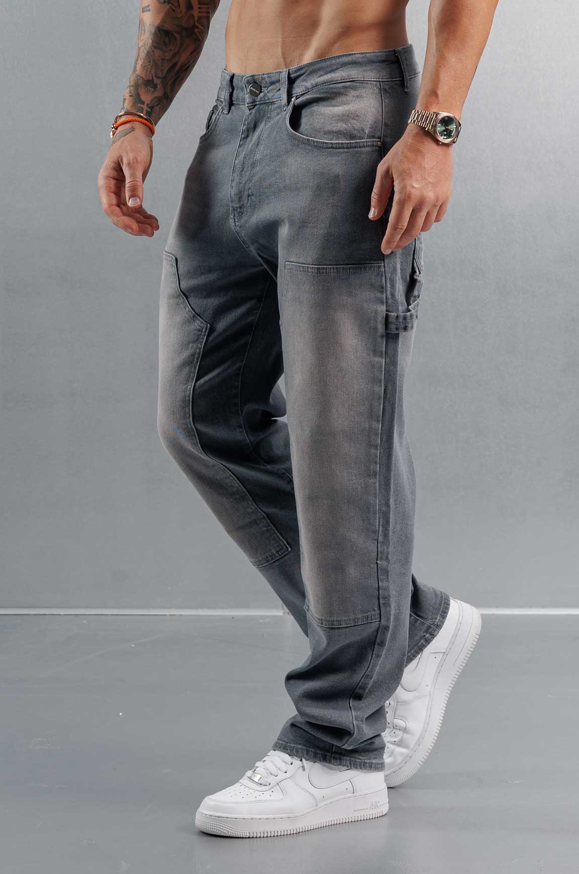 Golden Shore Men's Relaxed Fit Carpenter Jeans - Straight-Leg Denim Utility Pants, Classic Grey