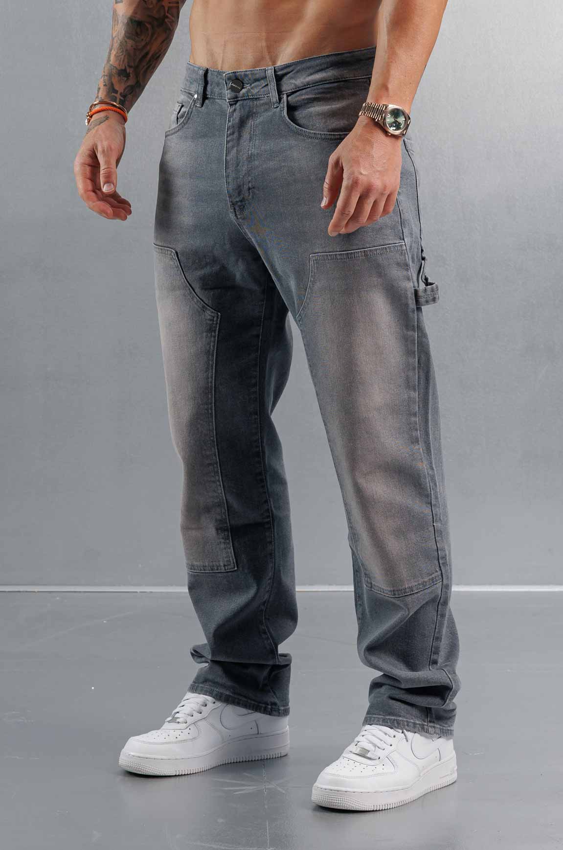Golden Shore Men's Relaxed Fit Carpenter Jeans - Straight-Leg Denim Utility Pants, Classic Grey