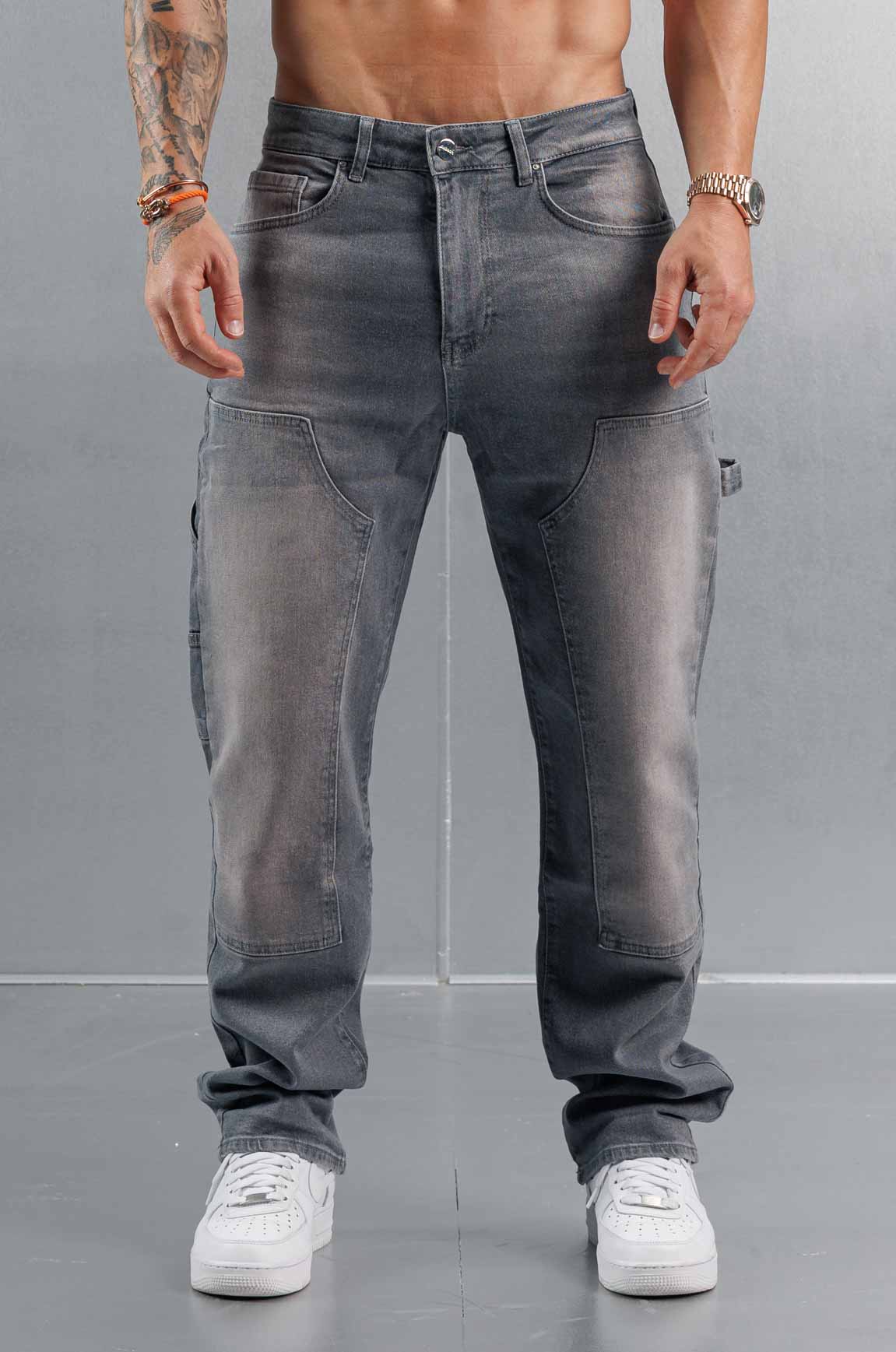 Golden Shore Men's Relaxed Fit Carpenter Jeans - Straight-Leg Denim Utility Pants, Classic Grey