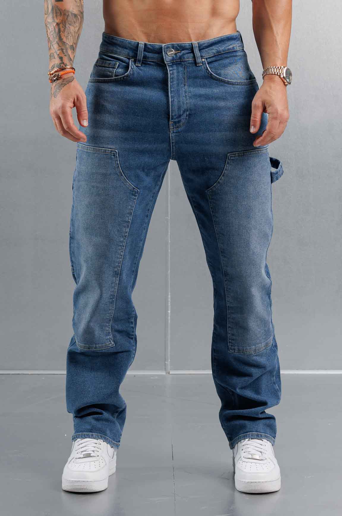 Golden Shore Men's Relaxed Fit Carpenter Jeans - Straight-Leg Denim Utility Pants, Mid Blue Denim