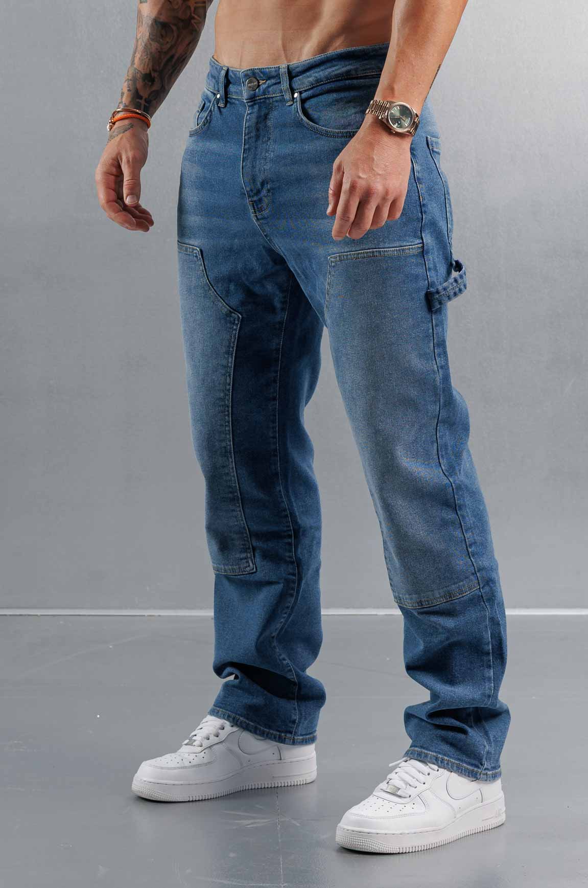 Golden Shore Men's Relaxed Fit Carpenter Jeans - Straight-Leg Denim Utility Pants, Mid Blue Denim