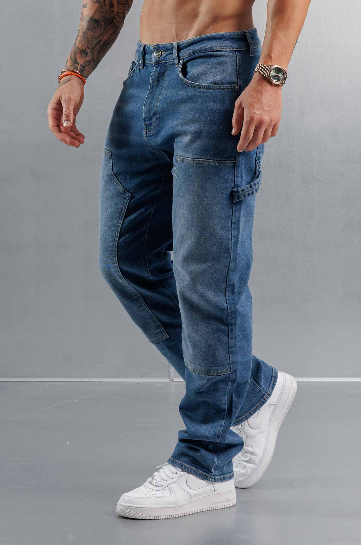 Golden Shore Men's Relaxed Fit Carpenter Jeans - Straight-Leg Denim Utility Pants, Mid Blue Denim