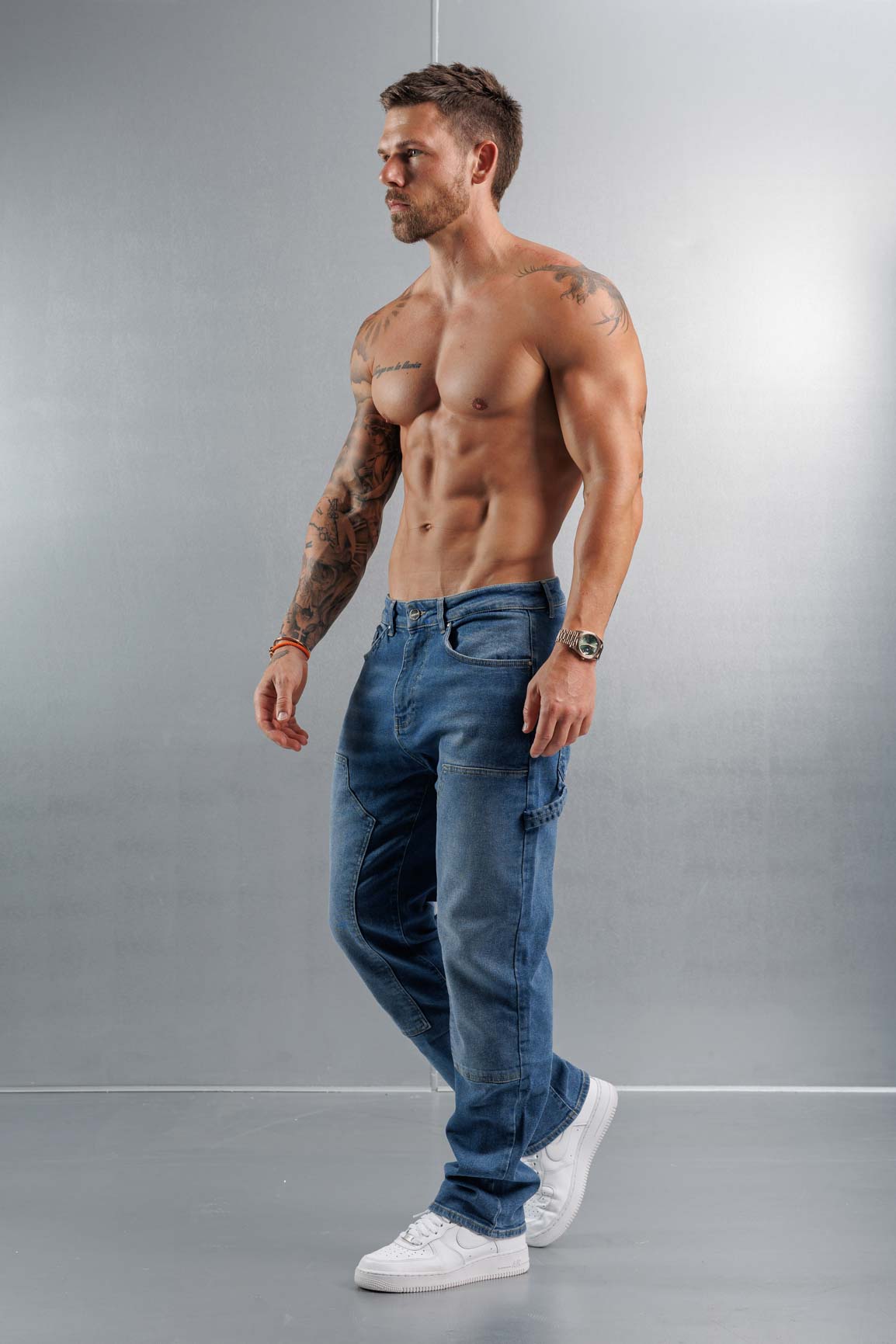 Golden Shore Men's Relaxed Fit Carpenter Jeans - Straight-Leg Denim Utility Pants, Mid Blue Denim