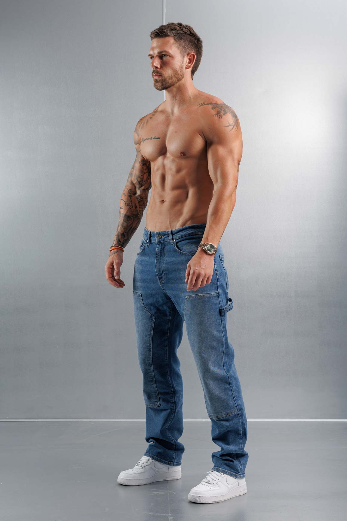 Golden Shore Men's Relaxed Fit Carpenter Jeans - Straight-Leg Denim Utility Pants, Mid Blue Denim