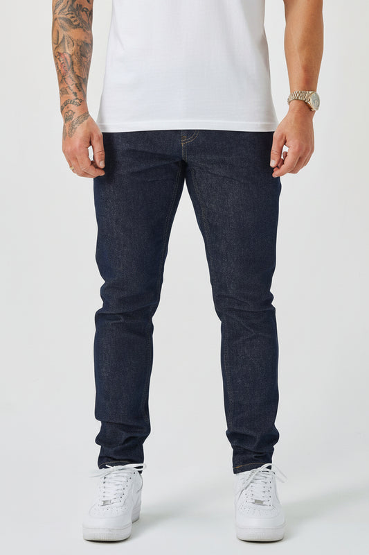 Men's Regular Fit Denim Jeans - Raw Indigo Dark Blue Premium Straight Leg Cotton Pants, Casual Classic Everyday Trousers