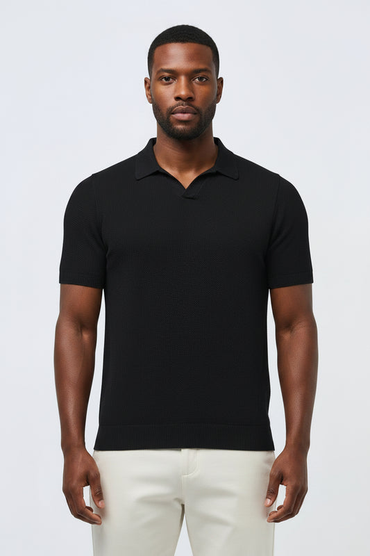 Men's Classic Pique Cotton Polo Shirt - Short Sleeve Slim Fit Summer Top, Black