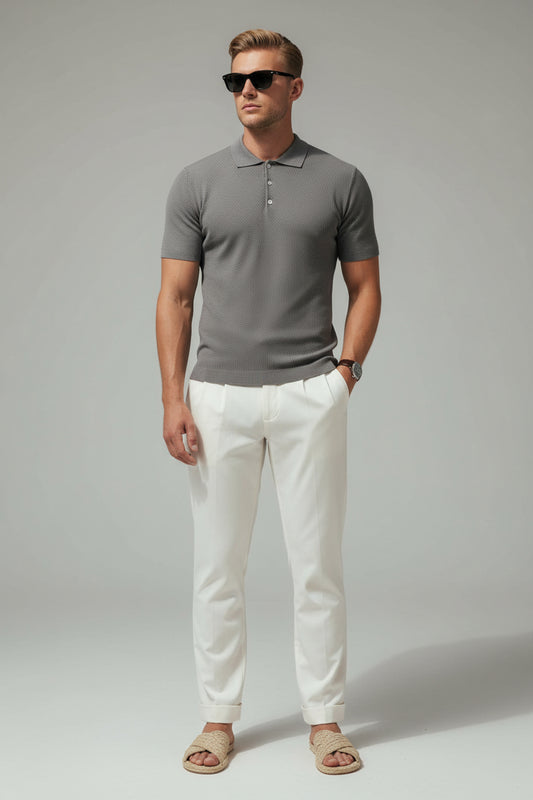 Men's Textured Waffle Knit Polo Shirt - Charcoal Dark Grey Premium Lightweight Top, Casual Open Resort Collar Summer Polo