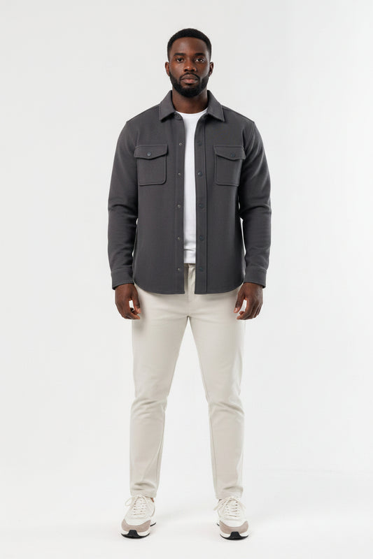 Men's Classic Cotton Blend Overshirt - Dark Grey Charcoal Premium Lightweight Double-Construction Jacket, Casual Layering Shirt