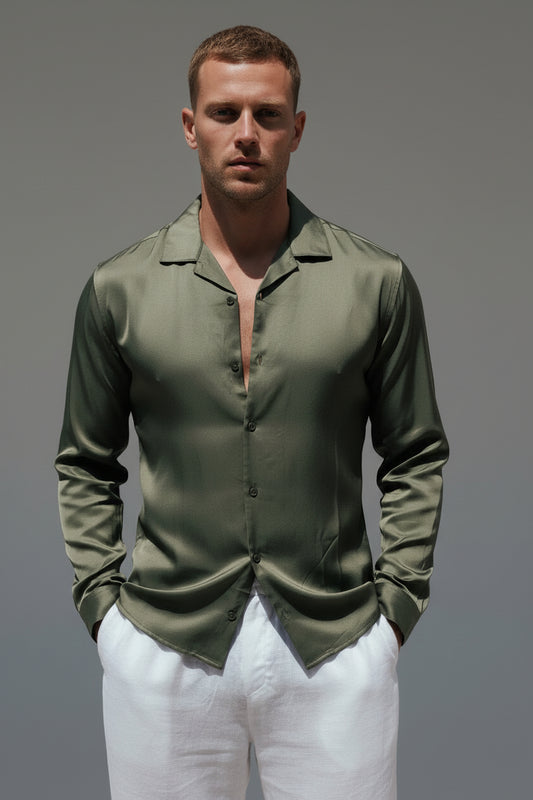 Men's Flow Relaxed Fit Shirt - Breathable Casual Button-Down, Olive Green Long Sleeve Resort Top