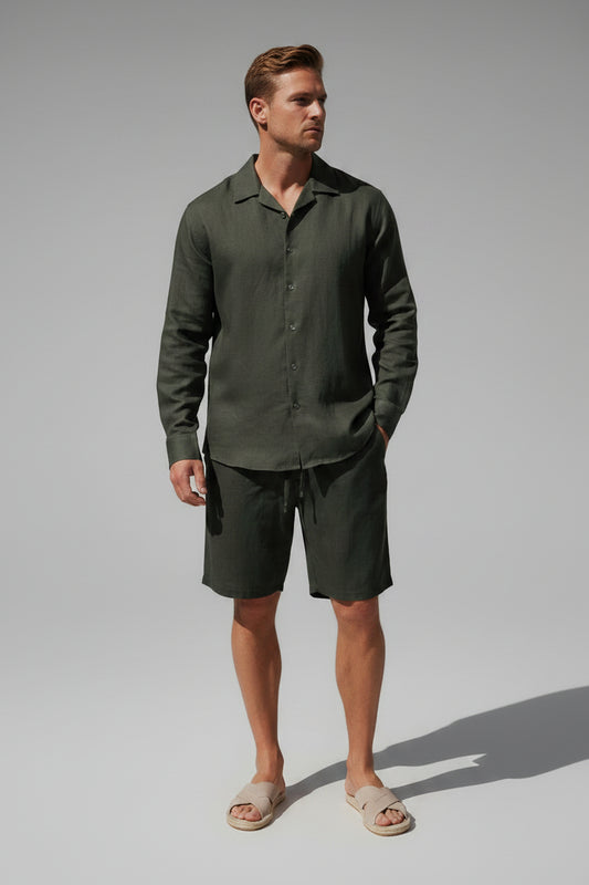 Men's Loose Fit Linen Shirt - Breathable Casual Button-Down, Olive Green Long Sleeve Resort Top