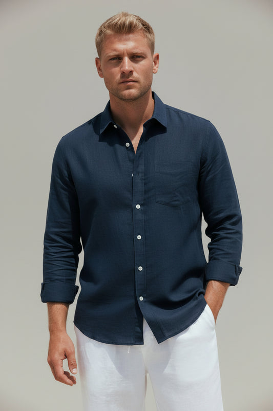 Men's Luxe Tailored Linen Shirt - Breathable Casual Button-Down, Classic Midnight Navy Long Sleeve Resort Top