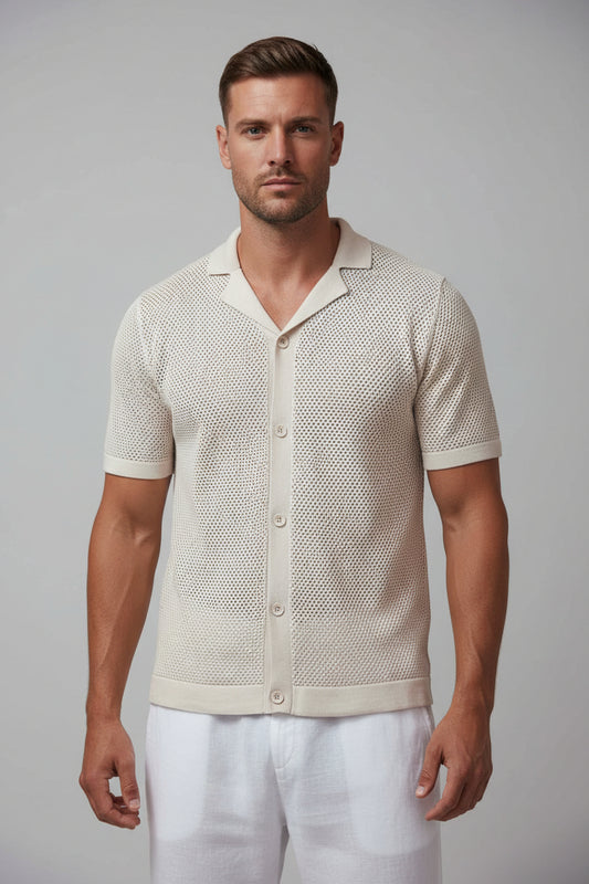 Men's Peak Knit Button-Up Shirt - Cream Premium Textured Off-White Resort Polo, Casual Lightweight Short Sleeve Knitwear