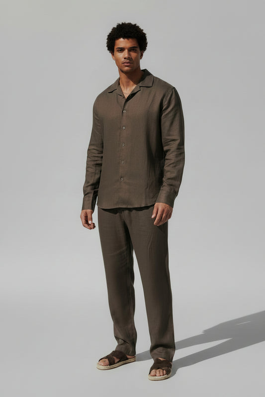 Men's Casual Linen Trousers - Lightweight Breathable Summer Pants, Relaxed Fit Oak Brown Vacation Slacks
