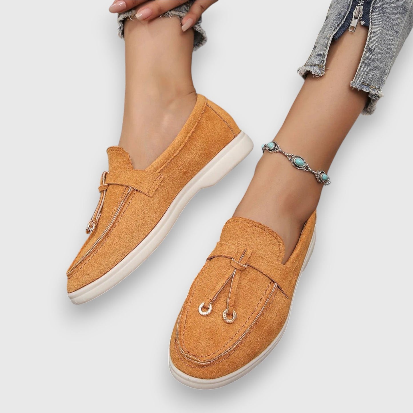Goldenshore Women's Suede Tassel Slip-On Loafers - Flat Moccasin Walking Shoes with White Rubber Sole